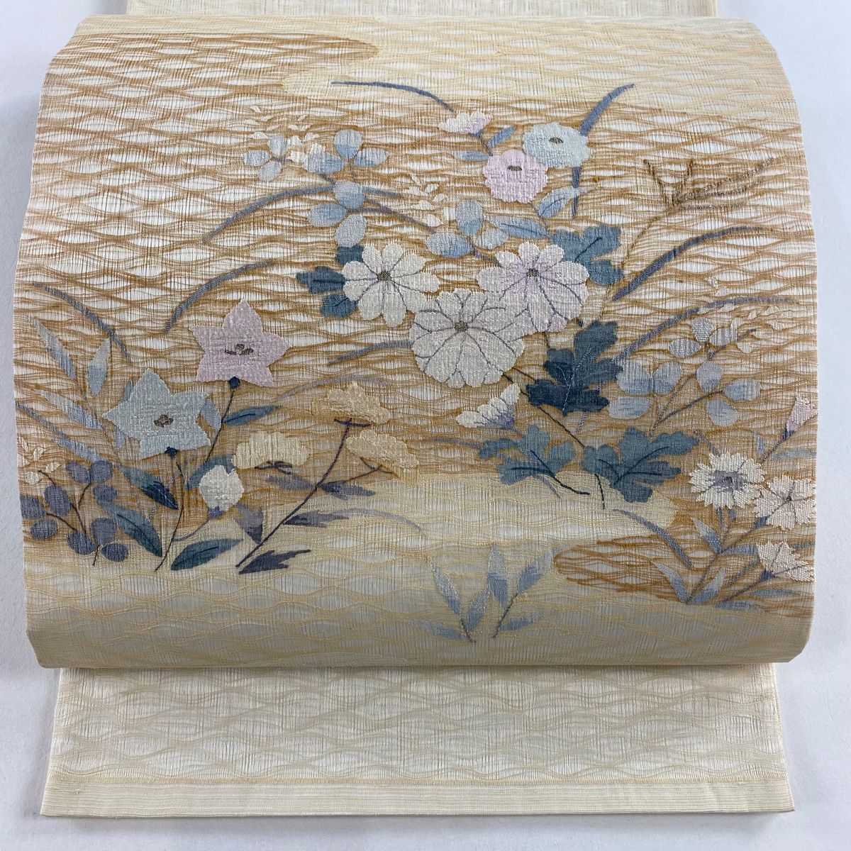 袋帯 秀品 夏帯 関西仕立て 秋草 ヱ霞 金糸 ベージュ お太鼓柄
