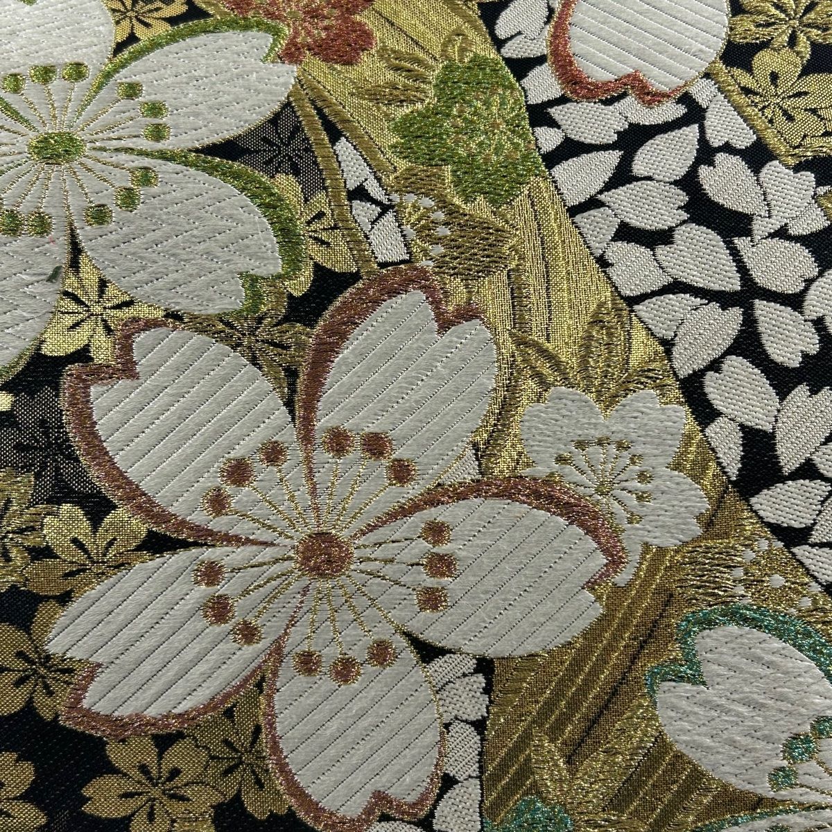 袋帯 美品 秀品 西陣織全通 夢幻錦 桜 花びら 唐織 箔 黒 六通