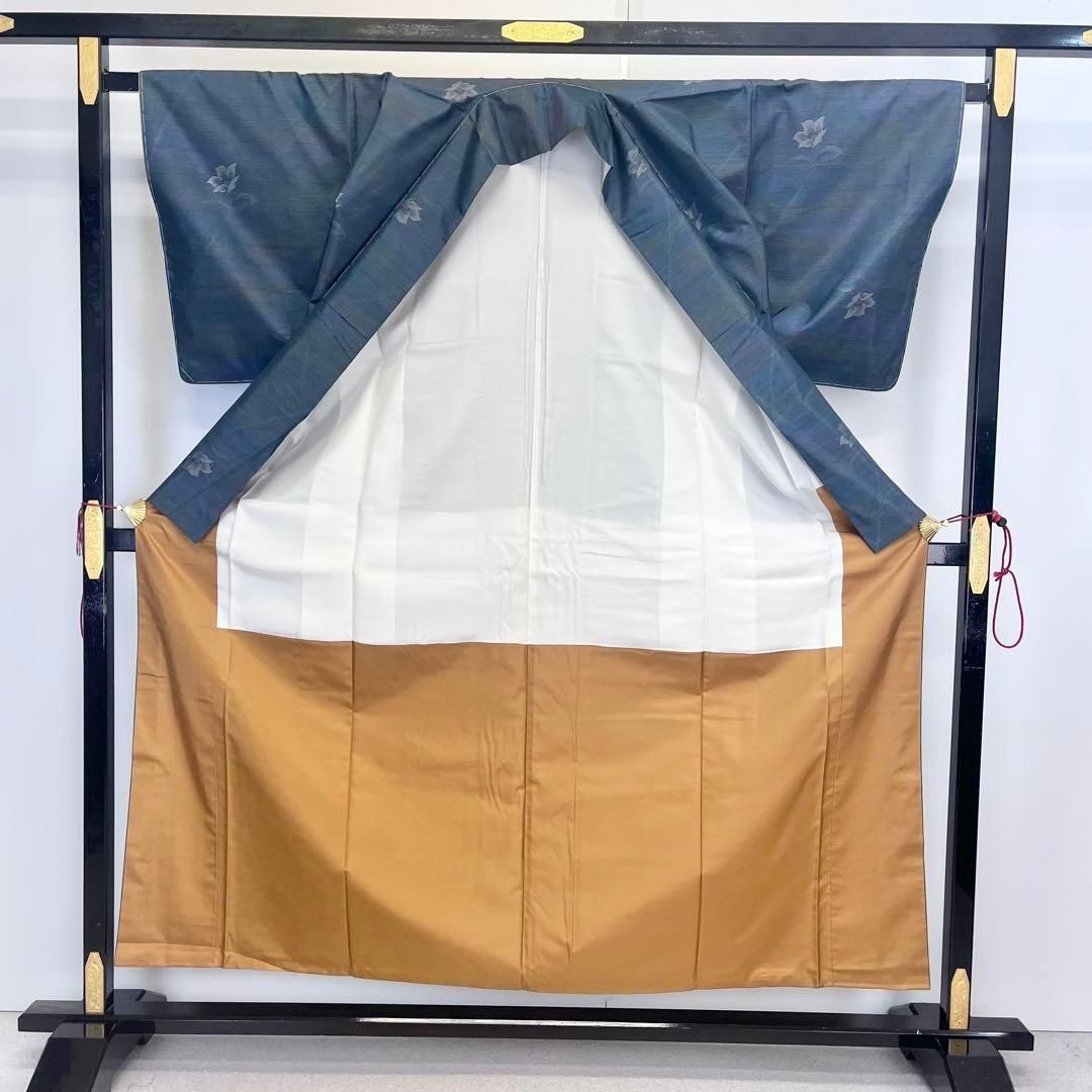 本場大島紬 横双絣 花模様 錆納戸色 K-4044