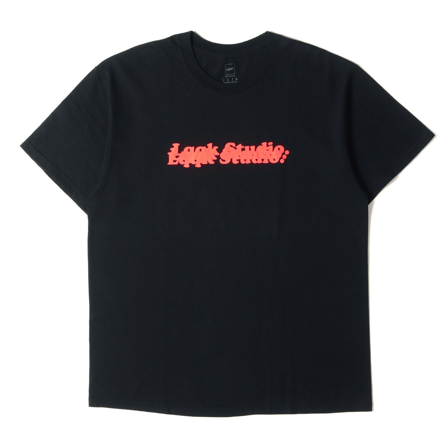 美品 LQQK STUDIO ルックスタジオ Tシャツ サイズ:L レイヤードロゴ クルーネック 半袖 Tシャツ THE STACKED LOGO  TEE 19SS ブラック 黒 トップス カットソー