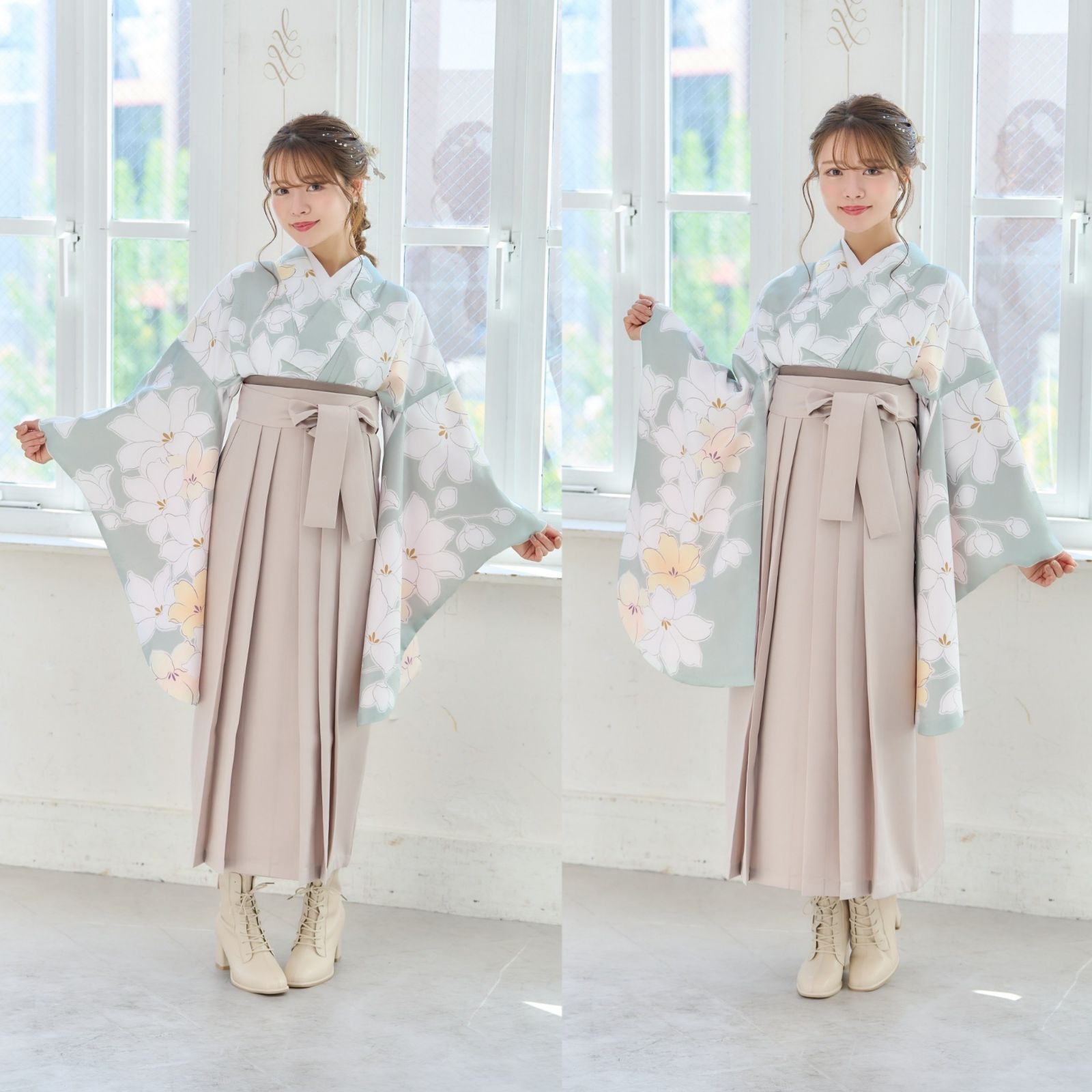 新品袴3点セット/小学生から大学生/ぼかし水色×袴ネイビー/正統派清楚 