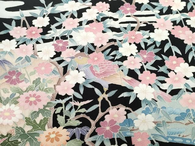逸品♡2点セット♡手描き本加賀友禅作家もの正絹黒留袖・西陣服部織物礼装用正絹袋帯 平和屋着物○本加賀友禅作家 染元千紅代表 寺西一紘 黒留袖 花鳥
