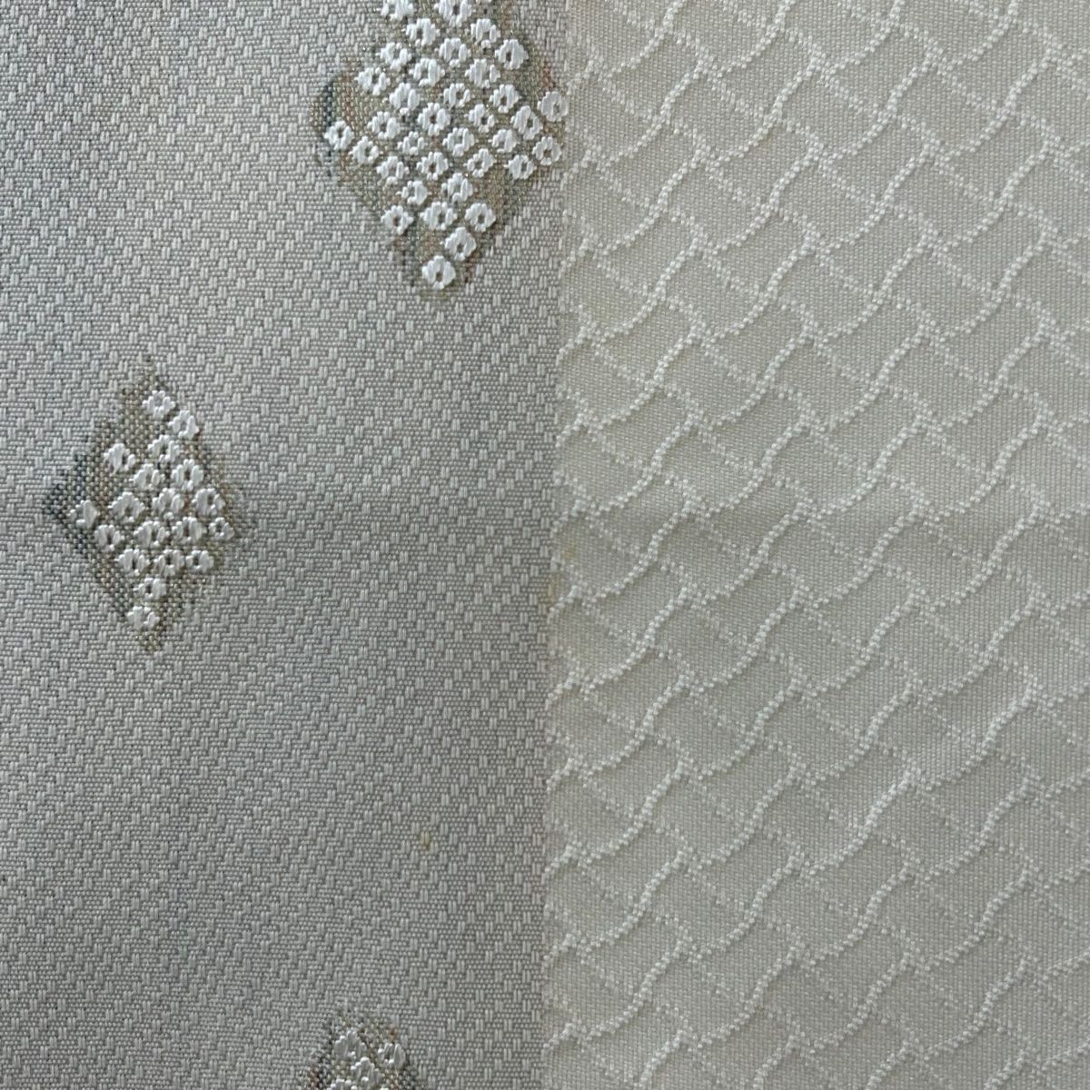 バイセル 着物 名品 袋帯 クリーム 銅鏡 文字文 幾何学模様 金糸 箔 お太鼓柄 正絹 ☆☆☆☆ 袋帯 名品 落款あり 安達一雄 西陣織 平仮名文字 金銀糸