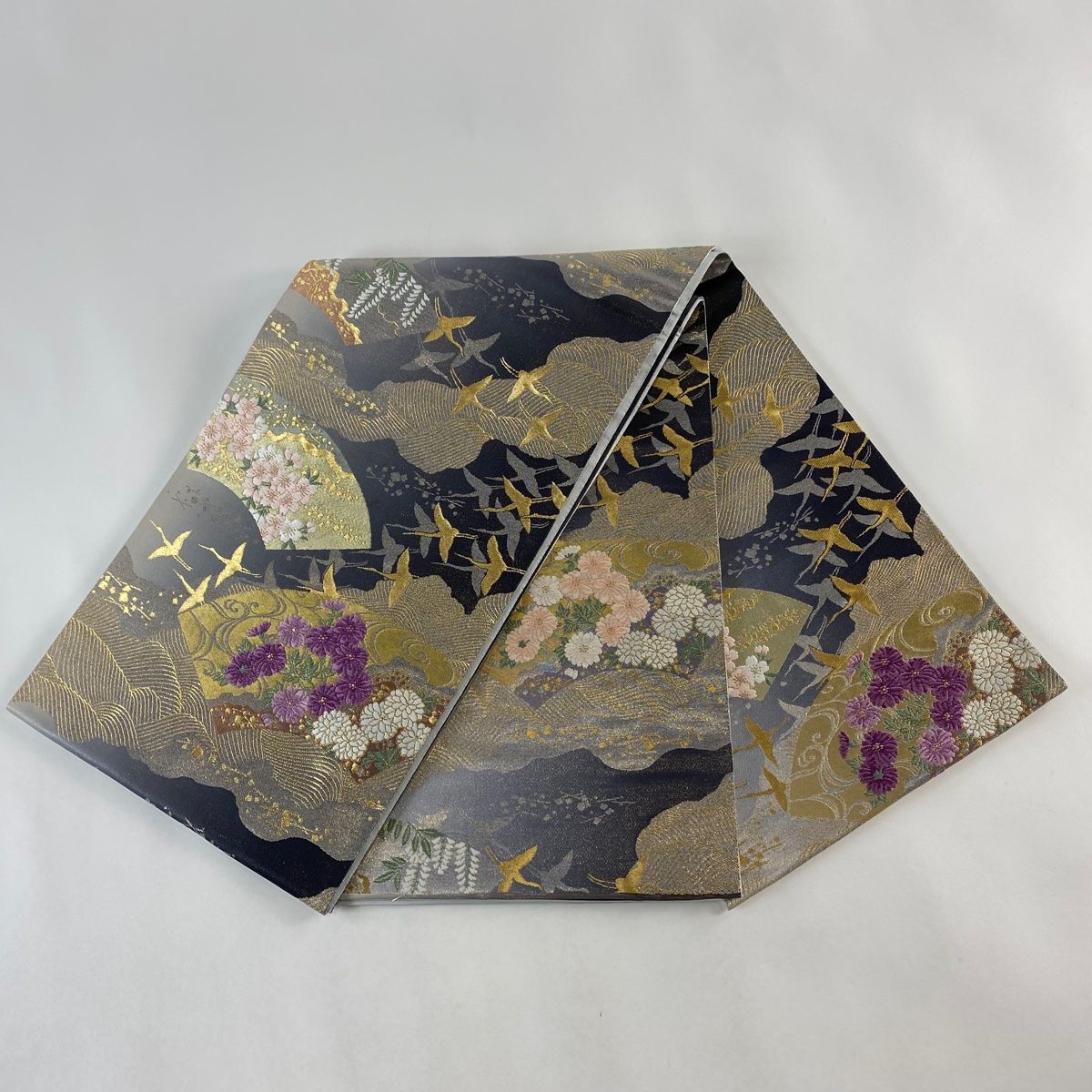 袋帯 美品 秀品 じゅらく 落款 扇面 鶴 金糸 箔 灰色 六通 正絹