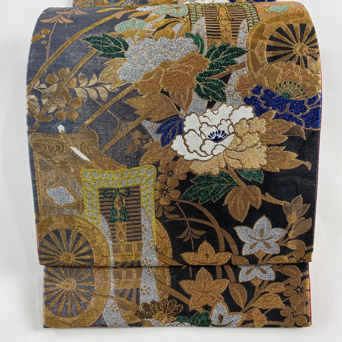 袋帯 秀品 御所車 草花 金糸 箔 黒 六通 正絹