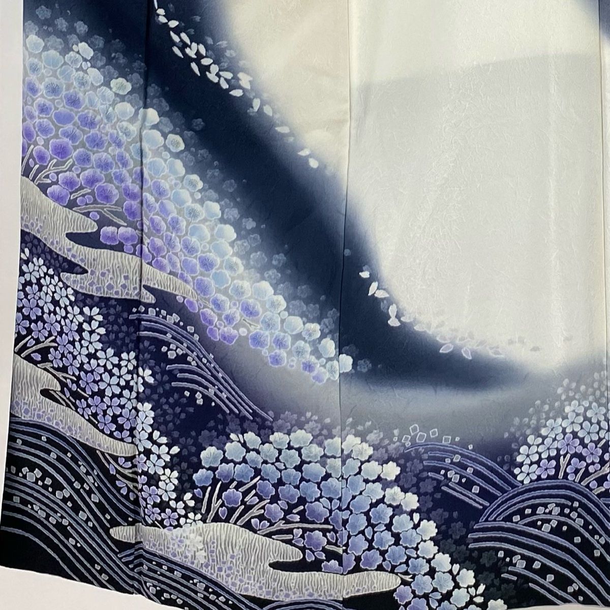 訪問着 身丈151cm 裄丈66cm M 袷 枝梅 桜 絞り 染め分け 紺色 正絹 秀品
