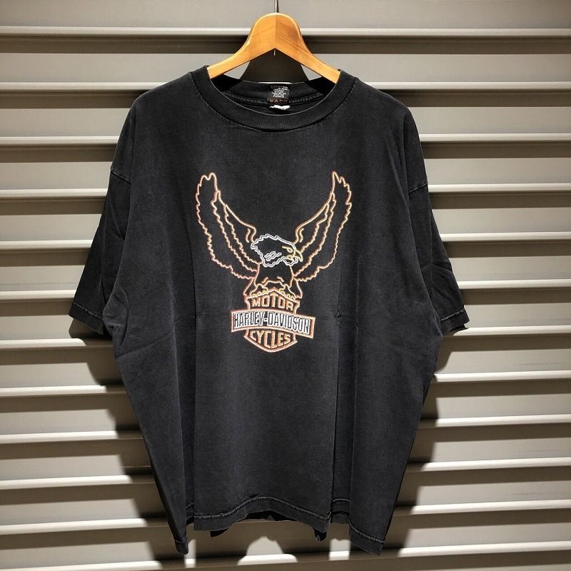 ハーレーダビッドソン HARLEY-DAVIDSON Tシャツ 半袖 ロゴ ネオン風 イーグル 両面プリント サイズ：メンズ XXL位 ビッグサイズ ブラック【PI】