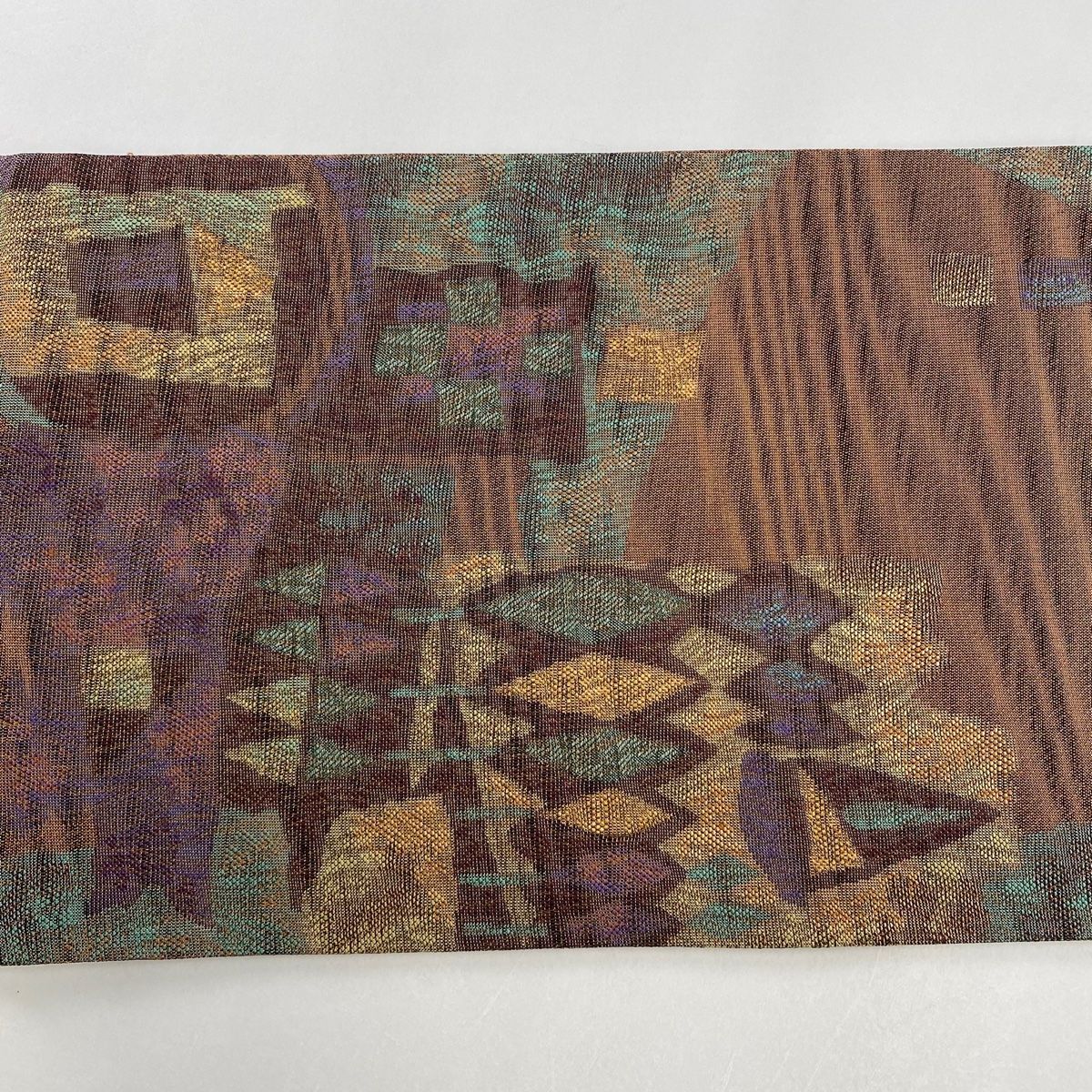 袋帯 秀品 夏帯 幾何学模様 箔 ベージュ お太鼓柄 正絹｜中古