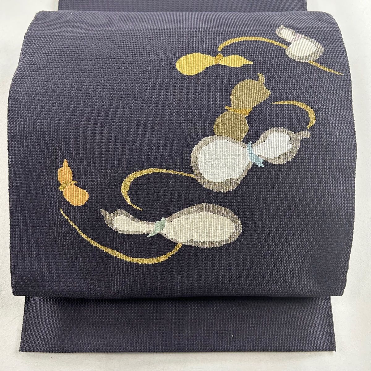 名古屋帯 名品 松葉仕立て 八寸名古屋帯 瓢箪 金糸 濃紫 正絹