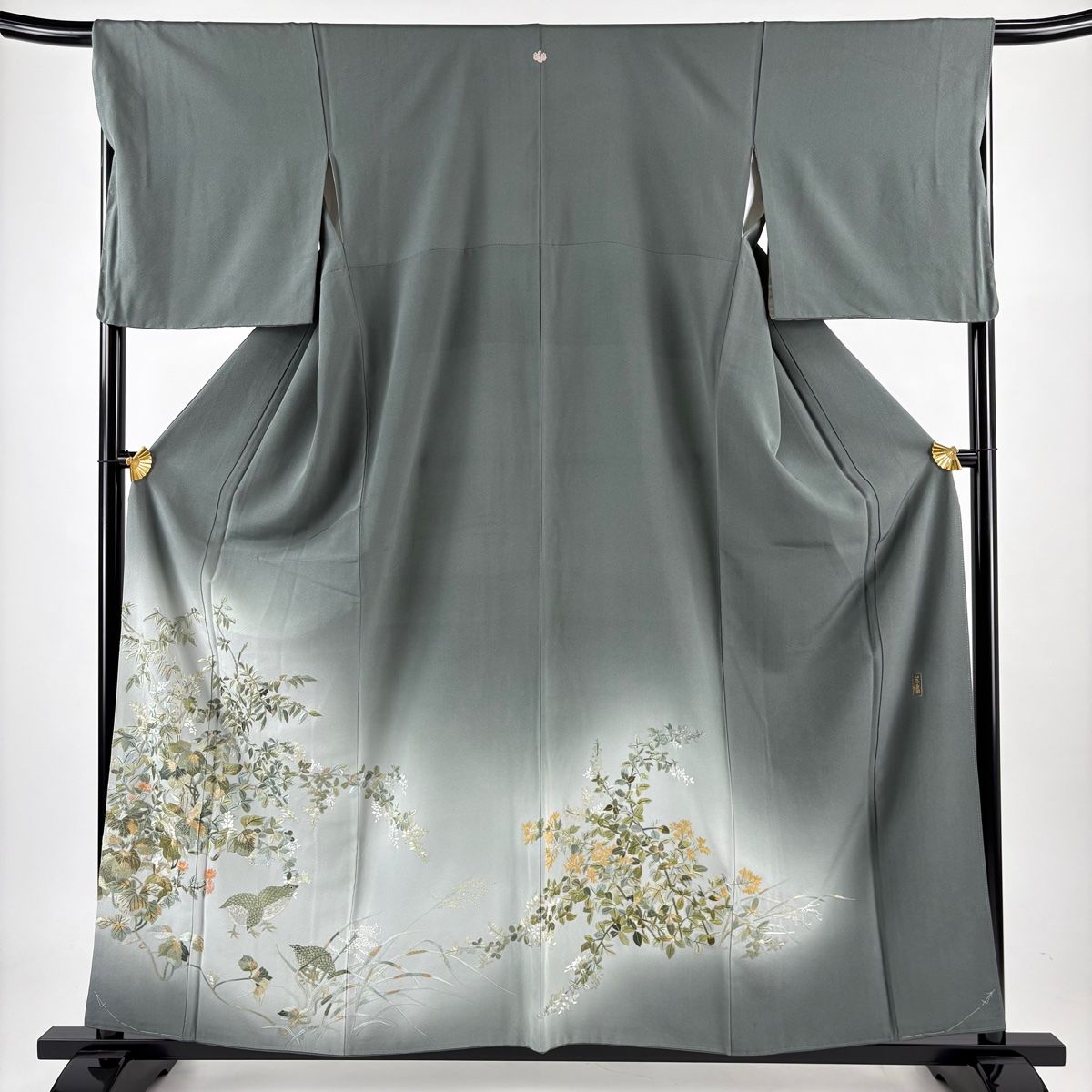 色留袖 身丈158cm 裄丈68cm L 袷 鳥 草花 刺繍 金銀糸 灰緑 正絹 一つ紋