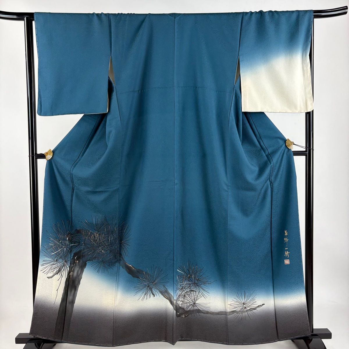 付下げ 身丈160.5cm 裄丈66.5cm M 袷 草野一騎 落款 松 金銀彩 染め分け 青緑 正絹 名品