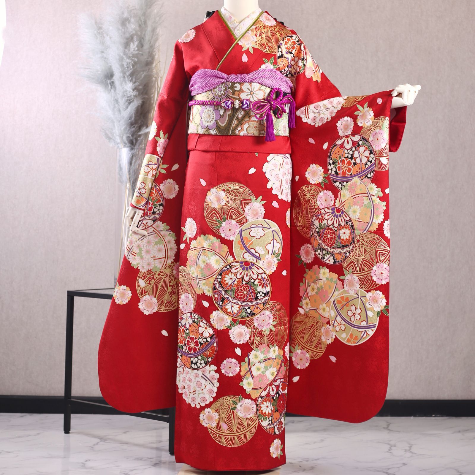 振袖フルセット 振袖セット 振袖 LLサイズ 中古 赤×古典 美品 成人式