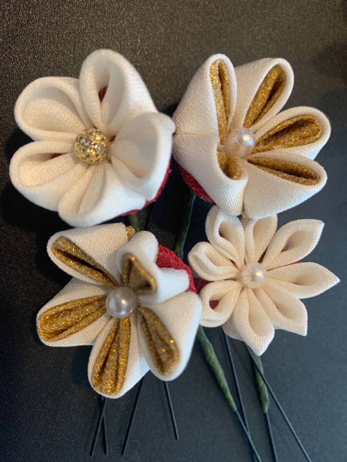 つまみ細工 髪飾り 白金No.1 結婚式 成人式 卒業式 入学式 七五三