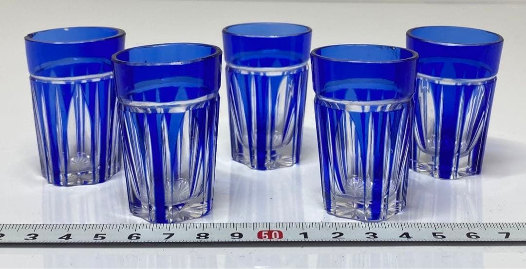 時代 ブルーガラス ハンドカット 切子ショットグラス 5客東金6-0225