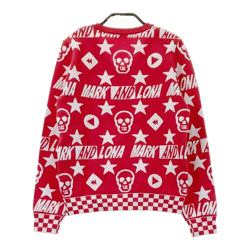 サイズ 36 MARK-LONA マークアンドロナ Vネック ニットセーター 総柄 レッド系 240101536796 ゴルフウェア レディース ストスト