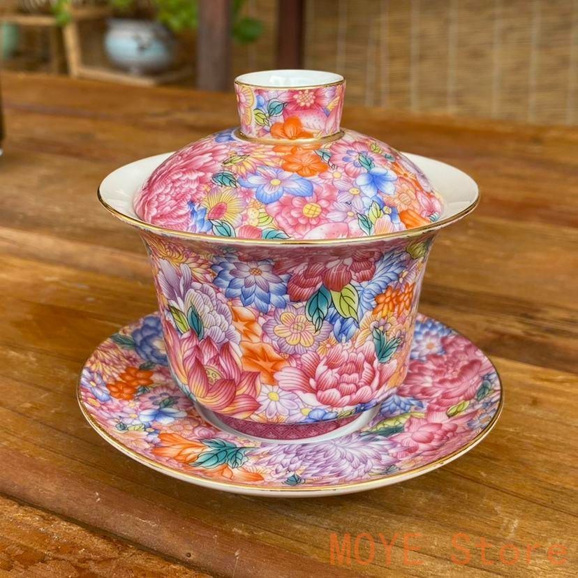 中国茶器 景徳鎮 琺瑯彩万花馬蹄三才蓋碗 茶杯 煎茶器 新品未使用