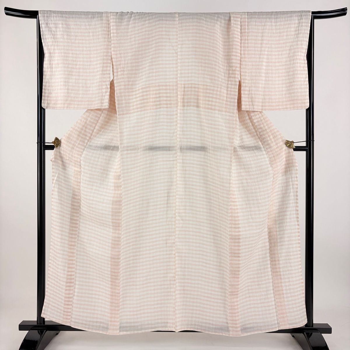 紬 身丈159.5cm 裄丈67.5cm L 薄物 縞 格子 クリーム 麻 秀品