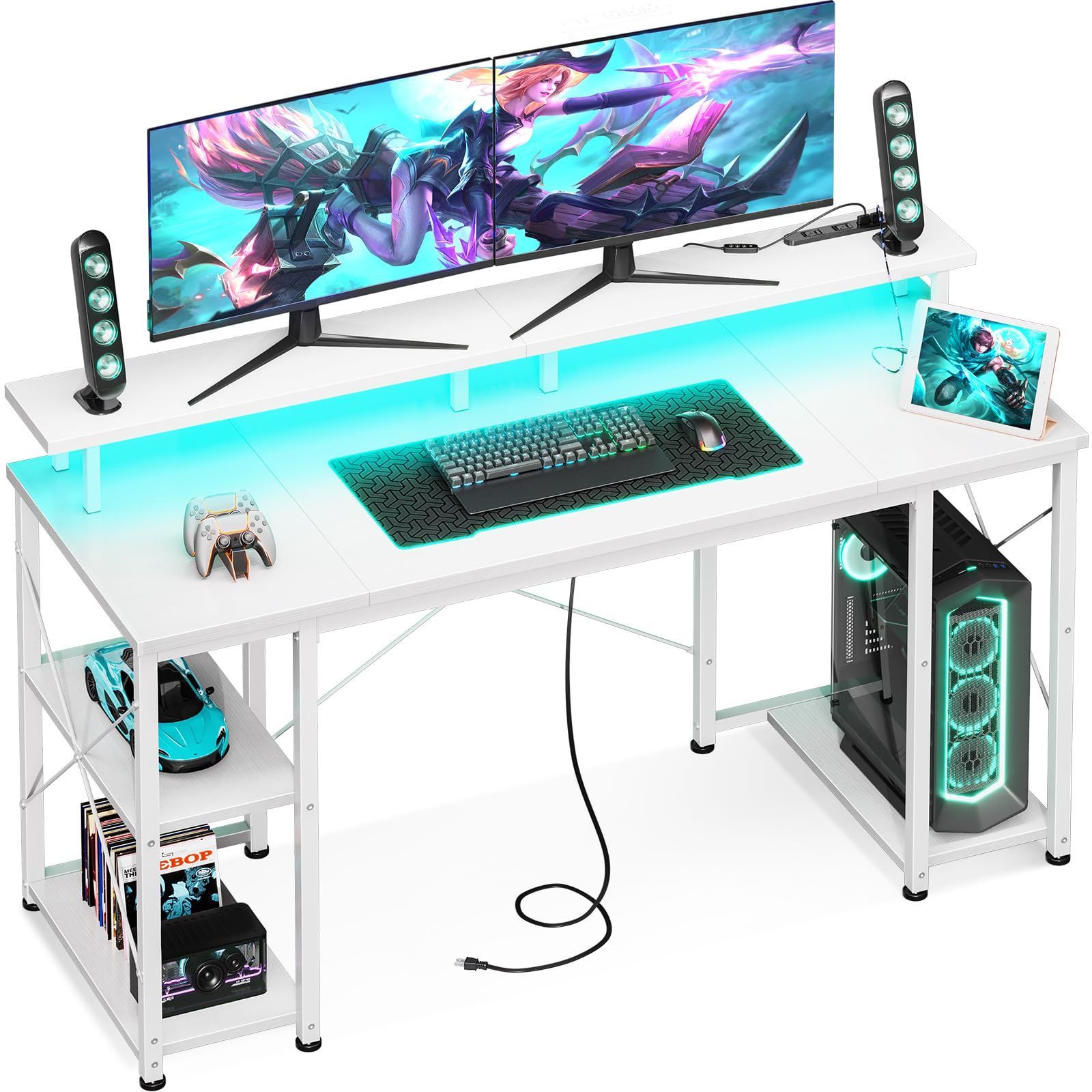 新着商品 長机 オフィスデスク 左右入れ替え対応 ワークデスク desk computer ゲームデスク 勉強机 両側ラック-モニター台付き 幅140cm ホワイト pcデスク 机 コンセント-LED付き パソコンデスク ゲーミングデスク AODK