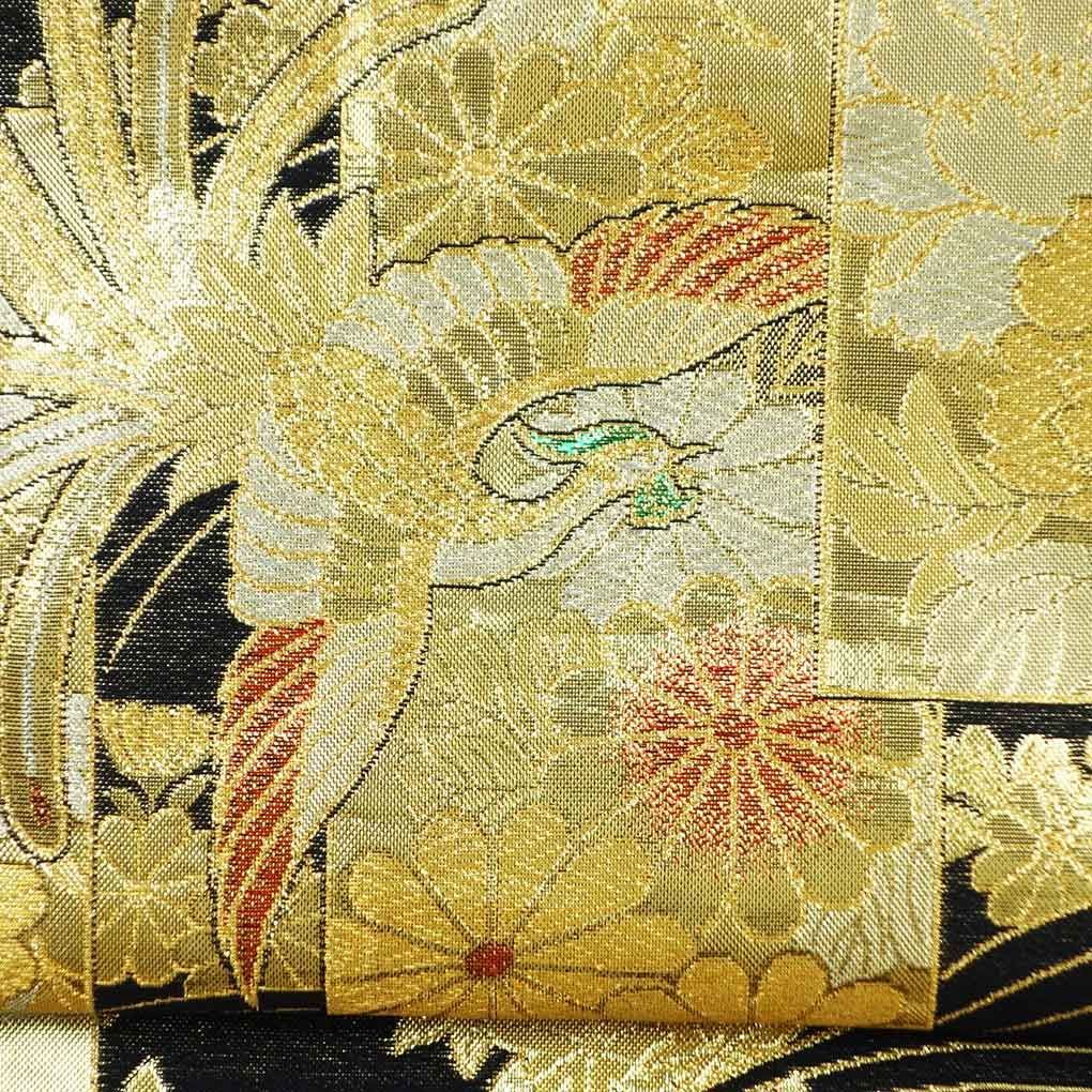 袋帯 美品 秀品 華文 鳳凰 唐織 箔 焦茶色 全通 正絹 【中古
