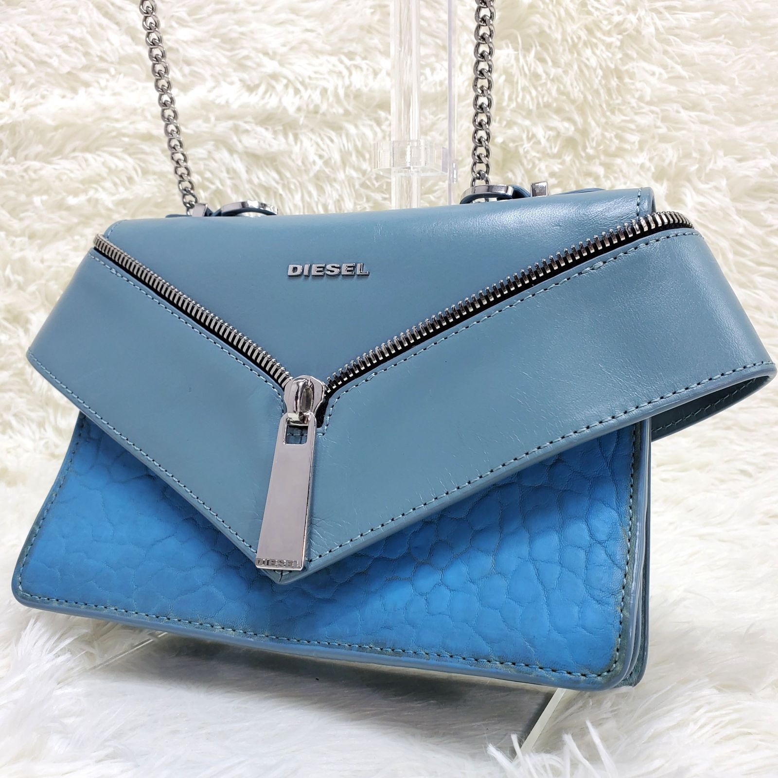 DIESEL ディーゼル チェーンショルダーバッグ ジッパー ブルー - メルカリ