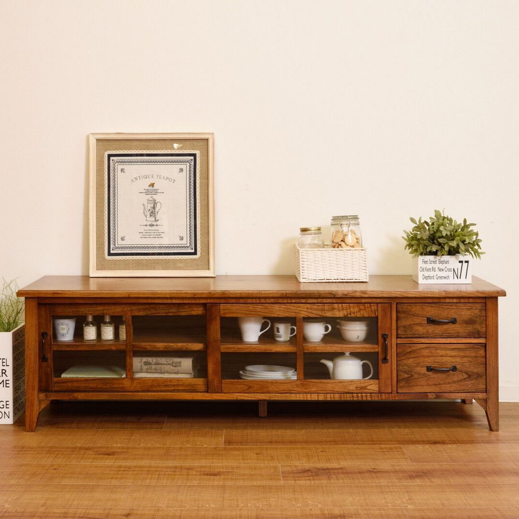 ♪天然木 ガラス戸棚と引き出し付 ローボード 幅150cm テレビボード リビングボード TVボード テレビ台