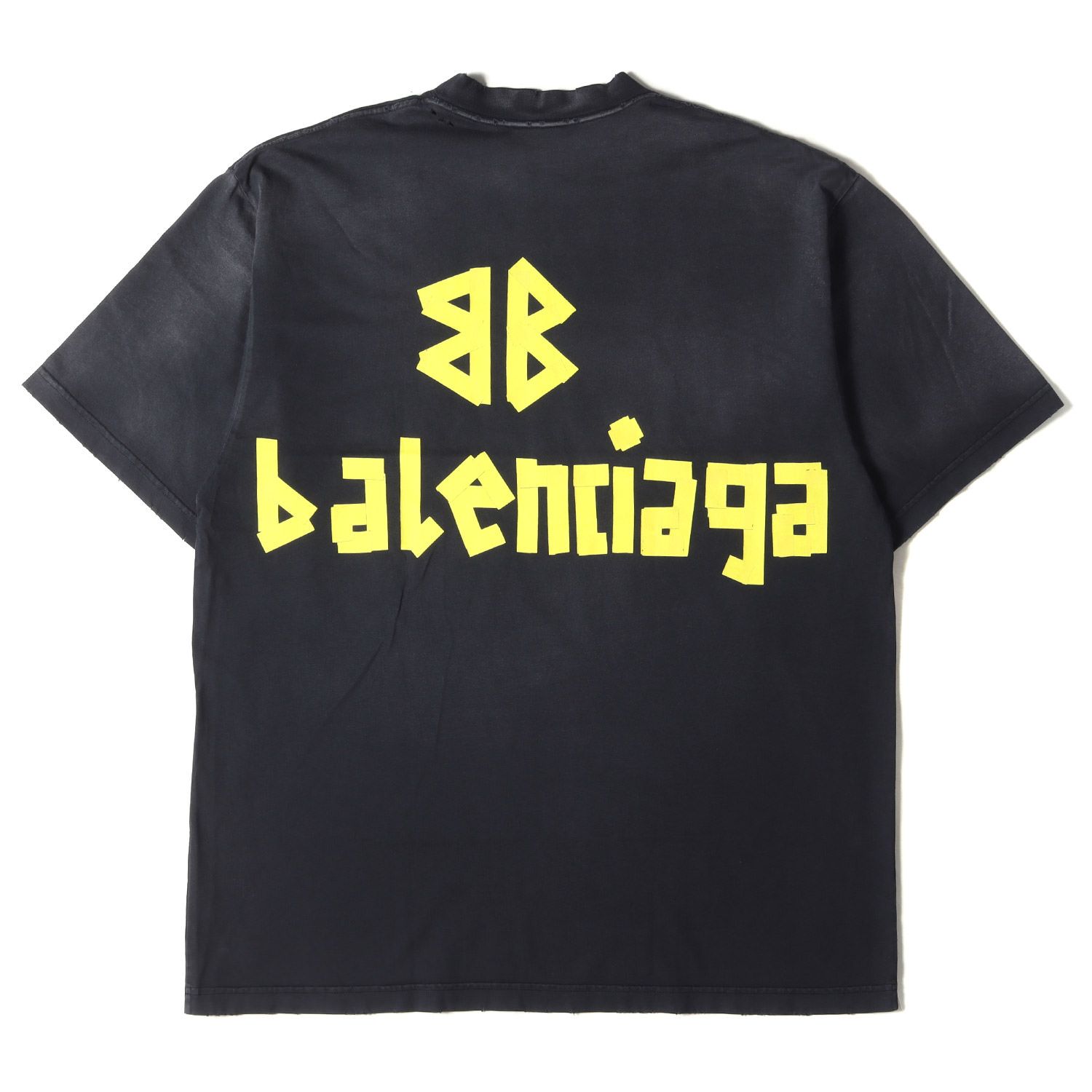 美品 BALENCIAGA バレンシアガ Tシャツ サイズ:S 23SS テープロゴ ミディアム フィット クルーネック 半袖Tシャツ 739784  T0VA9 デストロイ ダメージ加工 フェード ブラック 黒 トップス カットソー【メンズ】