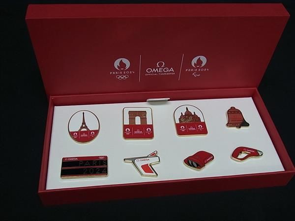 OMEGA オメガ パリオリンピック 2025 ピンバッジ ピンブローチ 8点セット ゴールド系×レッド系 BP4383