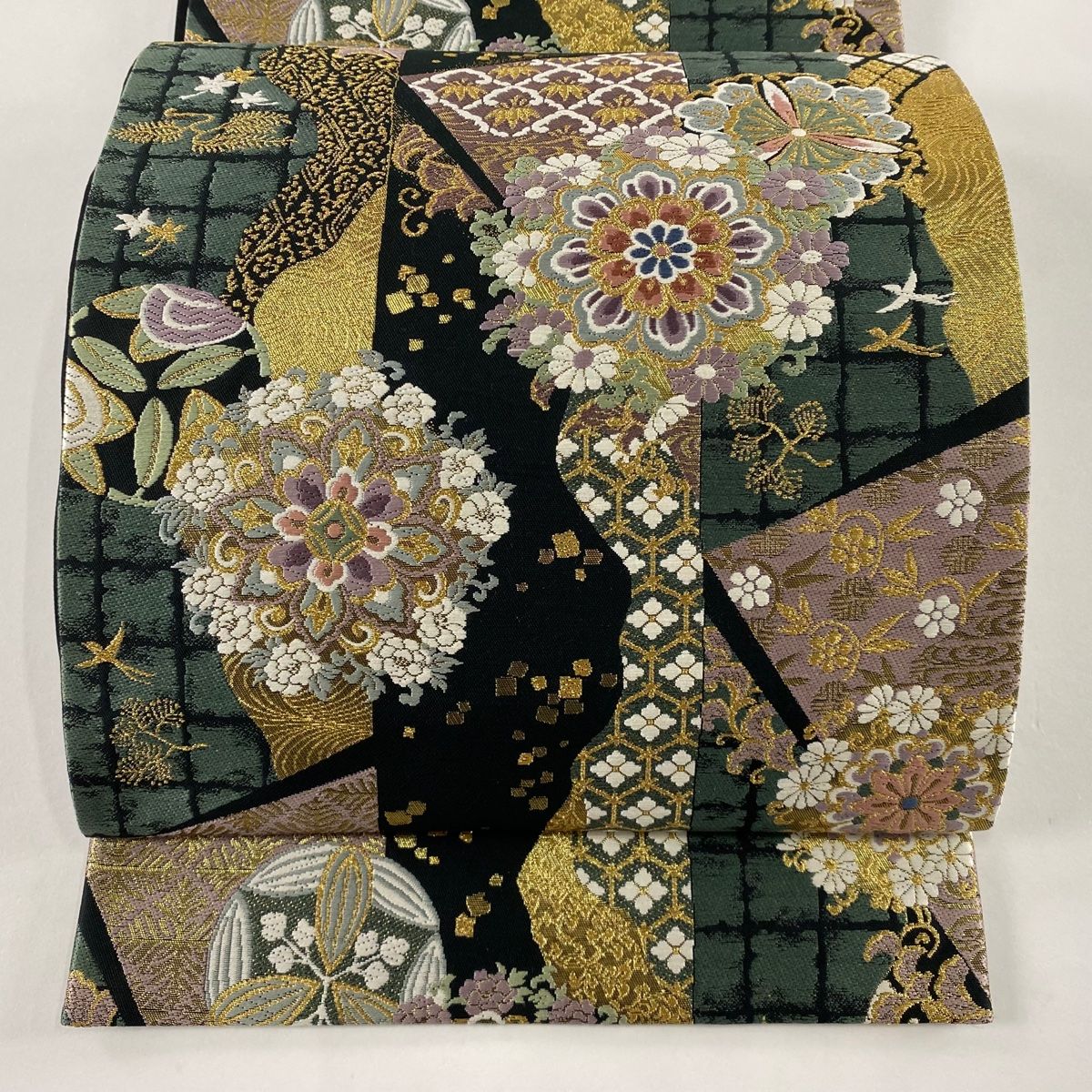 袋帯 美品 秀品 華文 草花 金糸 刺繍 灰緑 六通 正絹 【中古