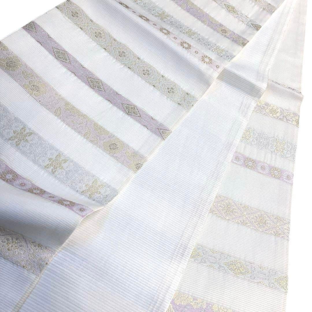 未着用 袋帯 夏用 絽 西陣織 横縞 花菱 白地 金糸 着物 092a p - メルカリ