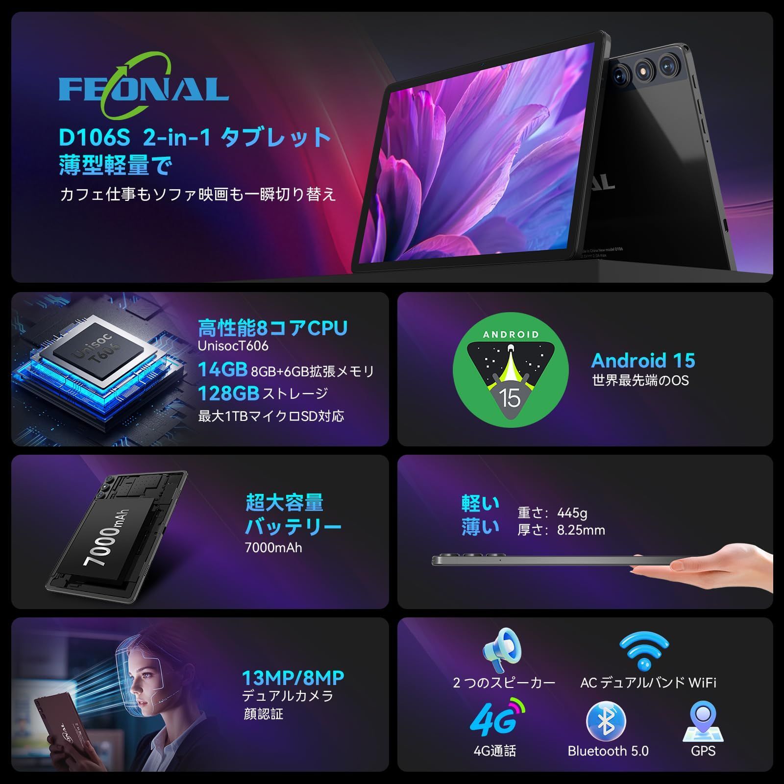 豪華 セット版 タブレット-タブレット10インチ-Android 15-14GB 128GB 1TB拡張 8コアCPU 7000mAh Type-C充電-アンドロイド-13MP|8MPカメラ 5GWiFi|BT5.0| 顔認識|GPS|技適|PSE グレー
