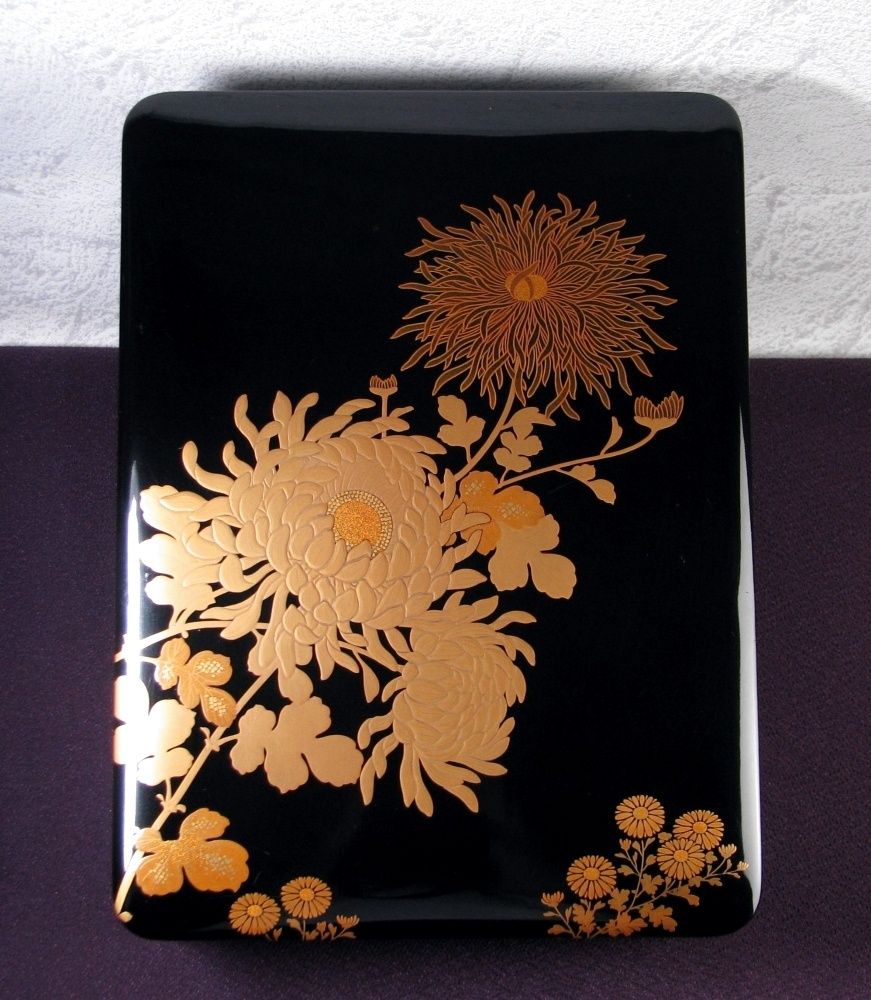 輪島塗 蒔絵 菊に牡丹文文箱 在銘 幅 32cm 共箱|25i011