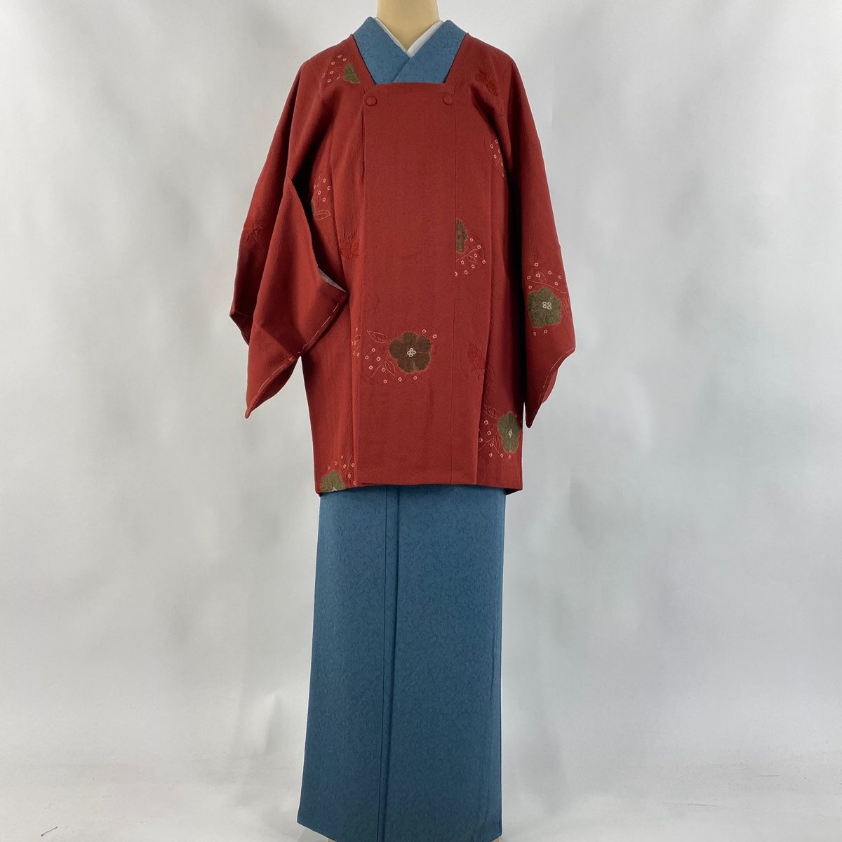 道行 身丈83cm 裄丈63cm S 和装コート 角衿 草花 金彩 刺繍 えんじ色 正絹 秀品