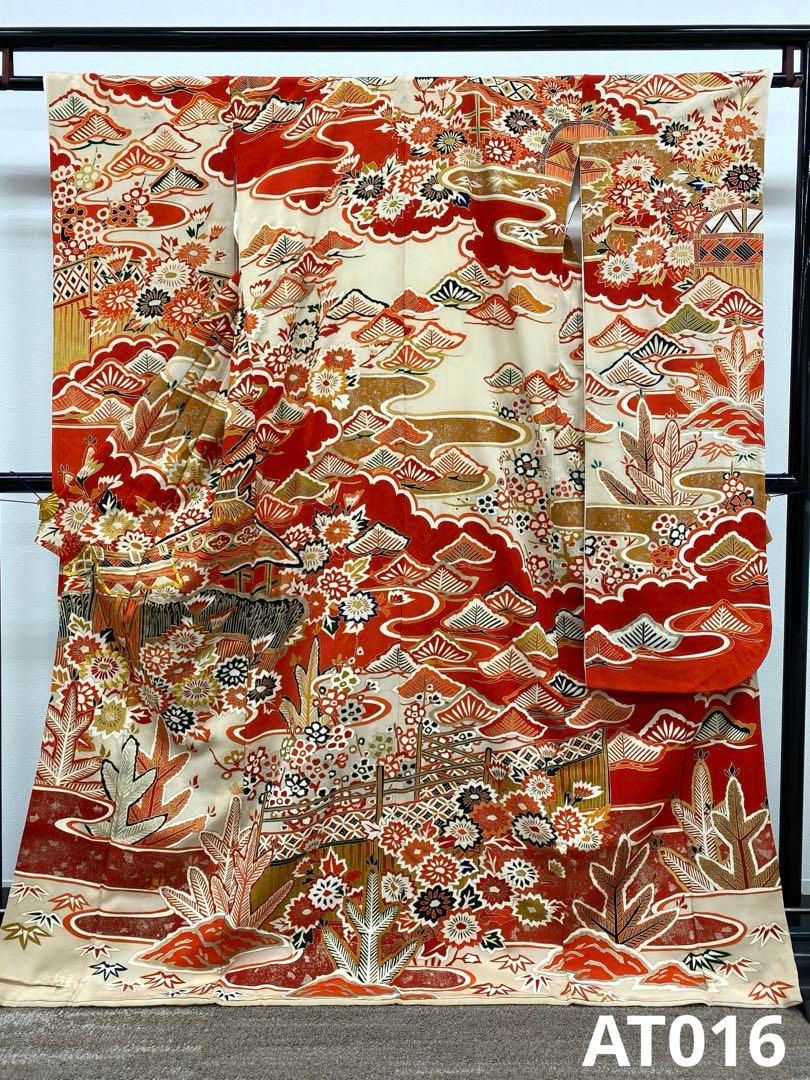 アンティーク 振袖 金駒 金彩 銀彩 正絹 身丈167cm 比翼付き 紋付