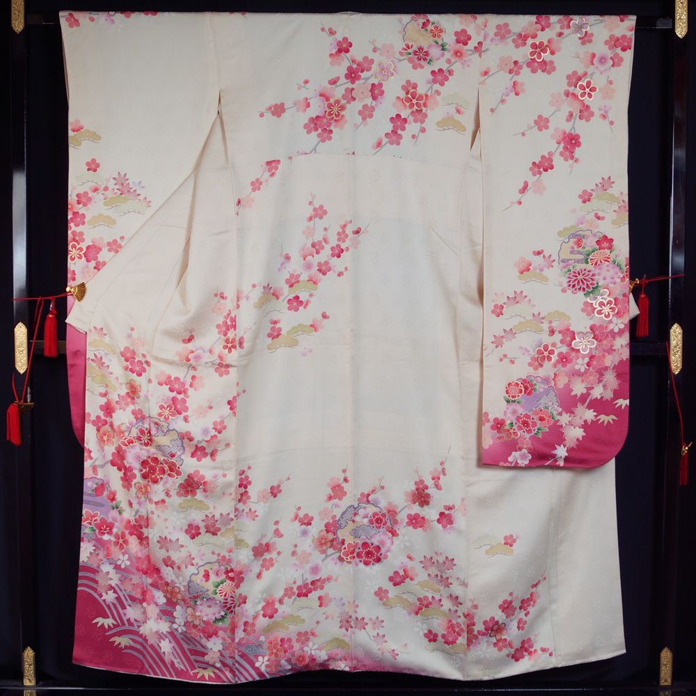 着物 振袖 袋帯 セット 正絹 黒 白地にピンクの花  KF15アンティーク