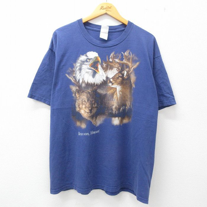 XL/古着 半袖 ビンテージ Tシャツ メンズ 00s ワシ シカ オオカミ 大きいサイズ コットン クルーネック 紺 ネイビー 23jun23 中古