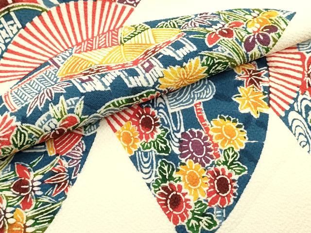 平和屋着物○全通柄九寸名古屋帯 型染め 扇面重ね流水風景草花文 鬼