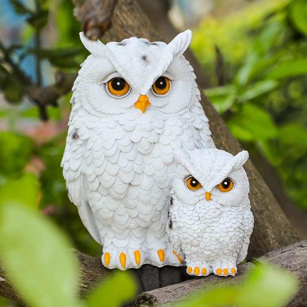 ミニチュア 2匹のふくろう 白 鳥の親子 リアル 置物 21cm 樹脂像