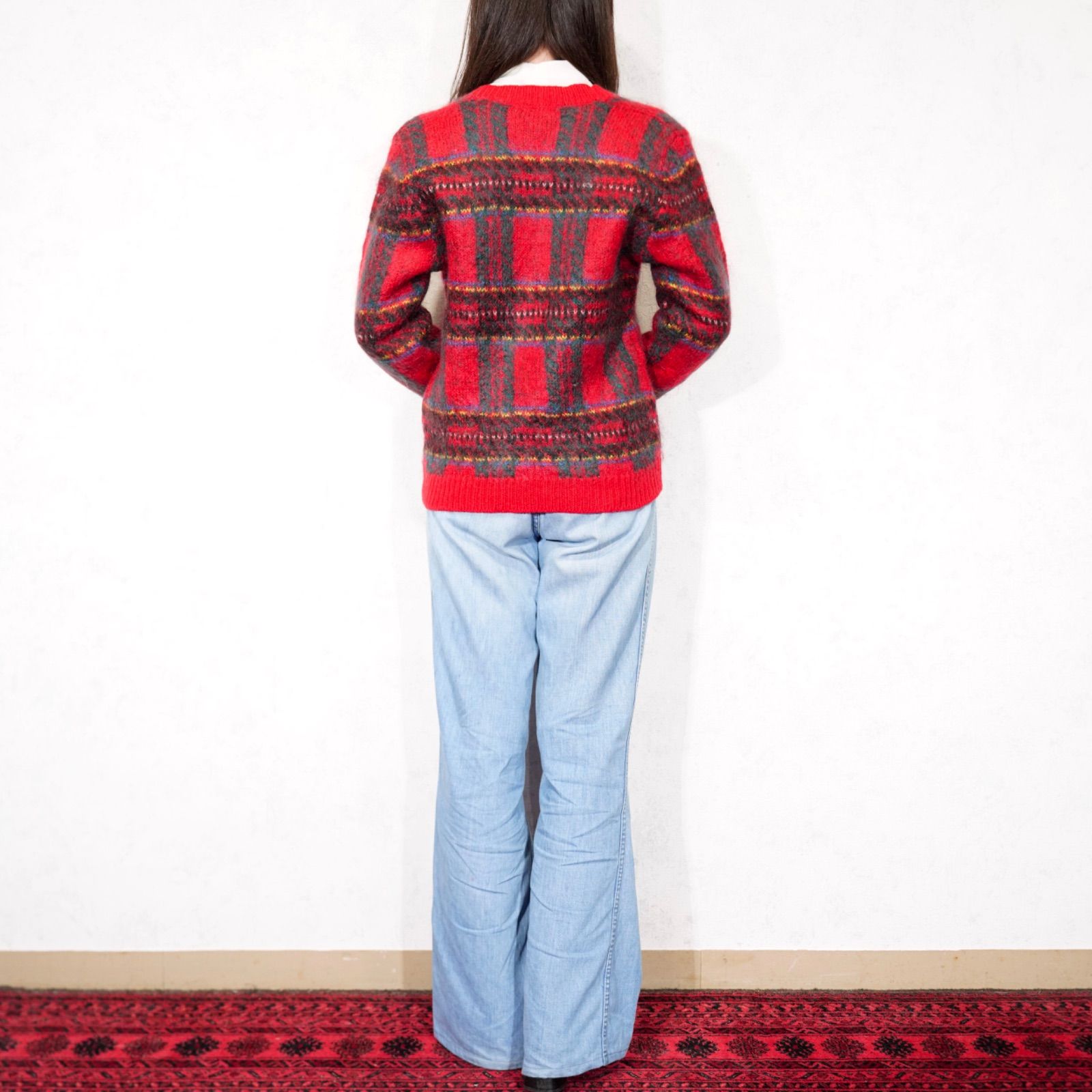 CARDIGAN アメリカ古着チェック柄デザインモヘアニットカーディガン