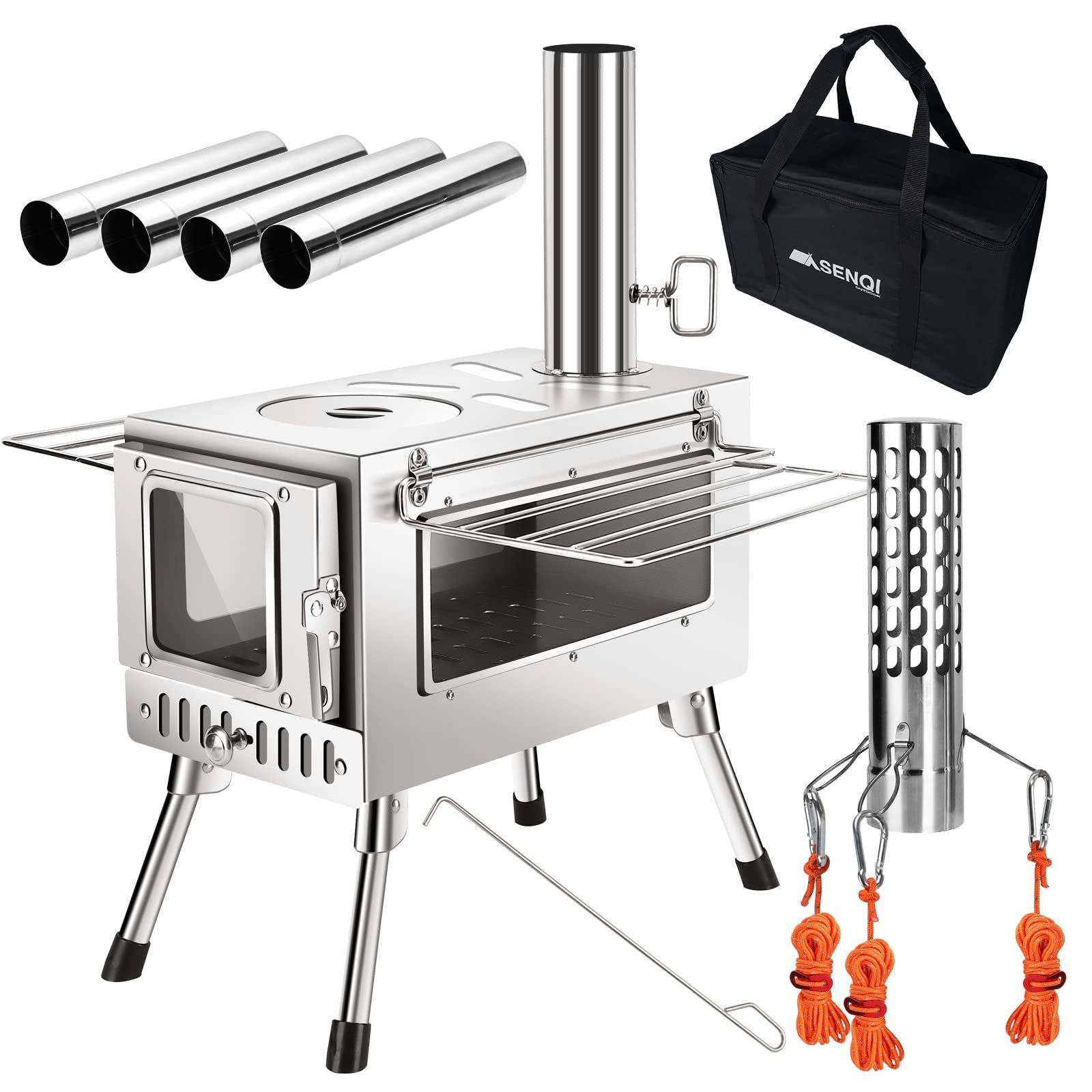在庫 収納袋付き 冬 暖炉 調理 BBQ 焚き火台 テント用 ウッドストーブ アウトドア コンパクト ３面の耐熱ガラス 煙突 スパークアレスター グリッド棚付き キャンプ 折りたたみ 薪ストーブ SENQI
