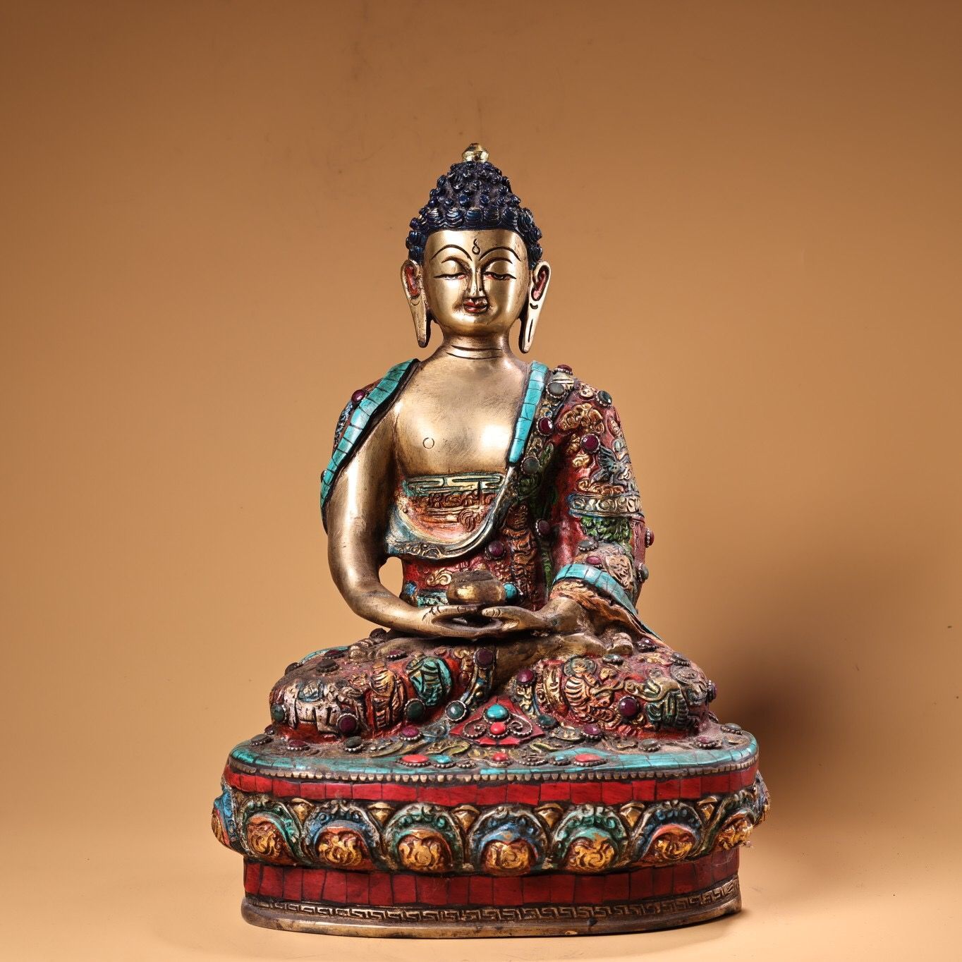 旧家蔵出し 銅製 浮彫 鏨刻 寶石嵌 描金 彩繪 無量寿仏 仏像 密宗密教 供養品 古美術品 収集家