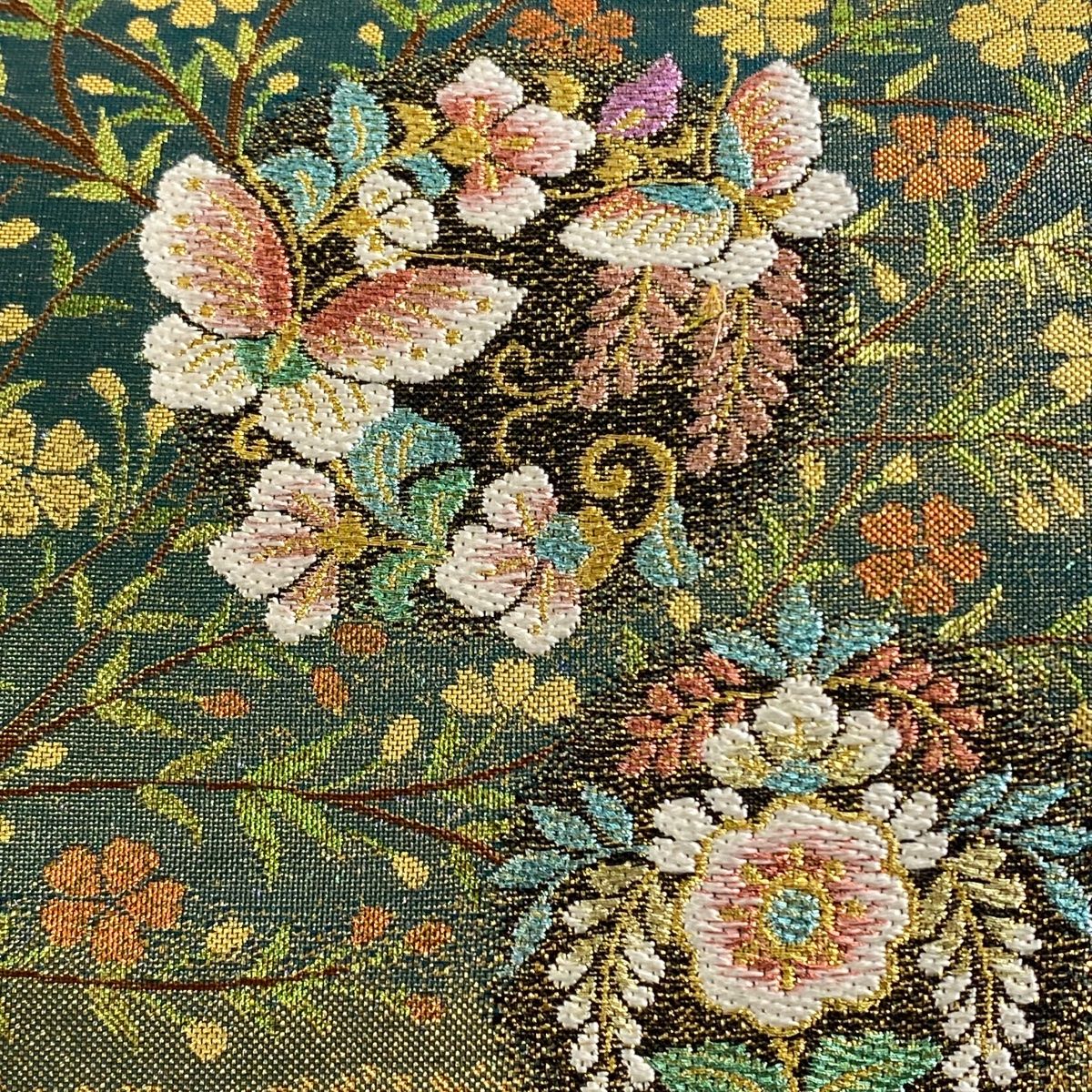 袋帯 美品 秀品 花唐草 鳥 薄緑 お太鼓柄 正絹 【中古】 袋帯 秀