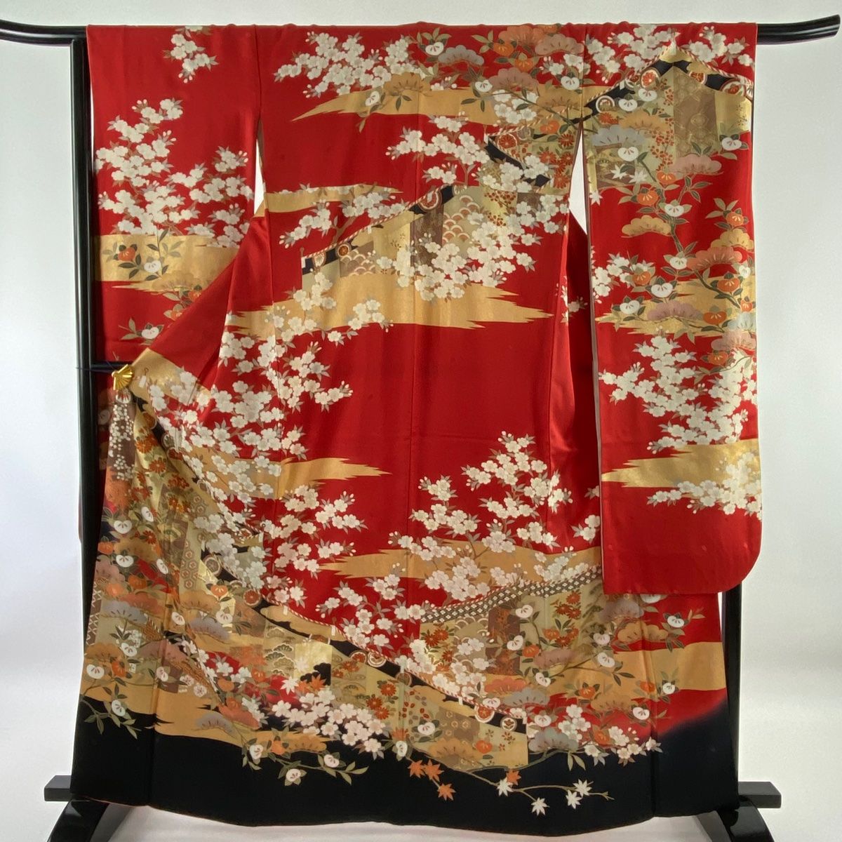 振袖 美品 名品 桜 松 金彩 赤 袷 身丈163.5cm 裄丈66cm M 正絹 【中古