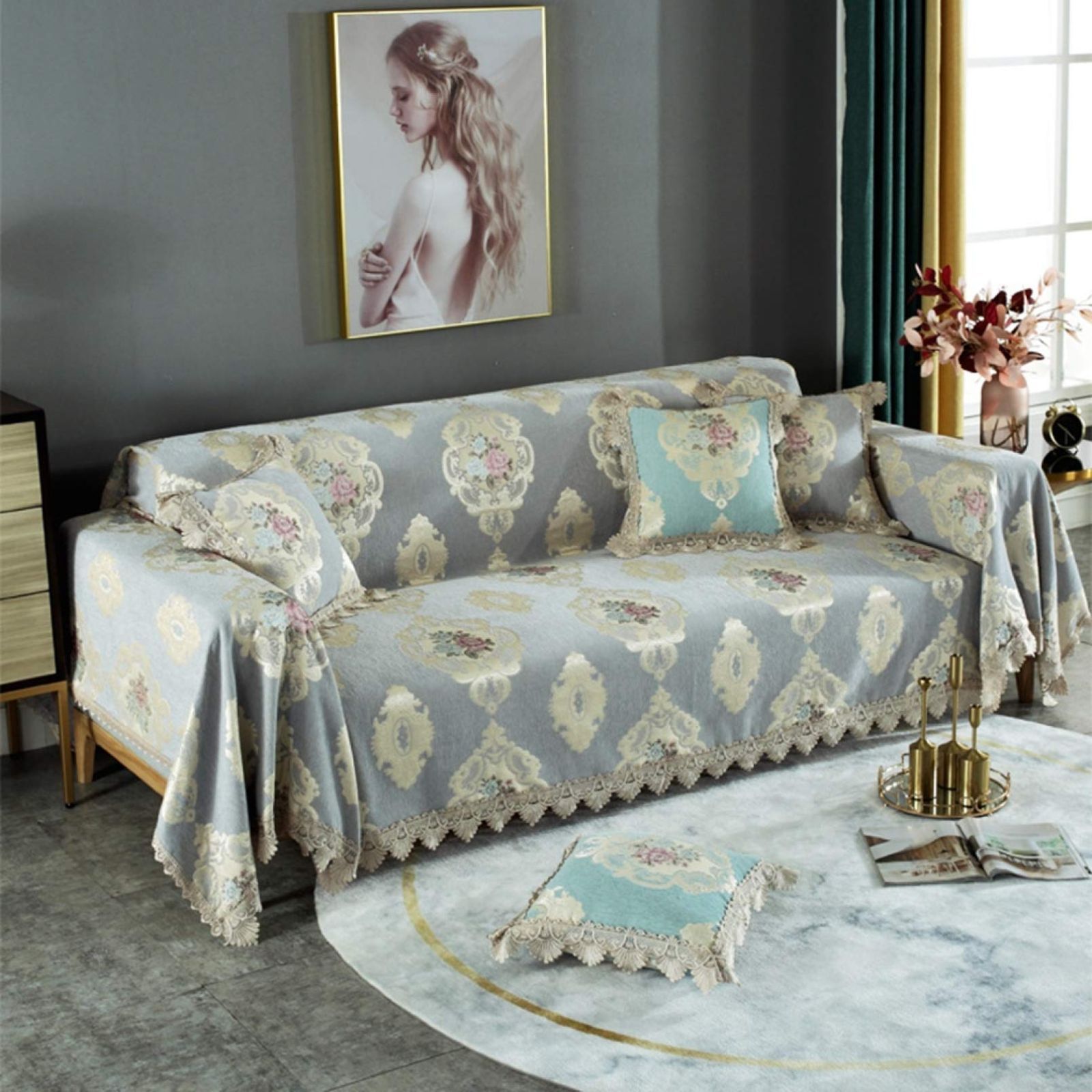 ベロア レースの縁取り多機能 マルチクロス カーペット マルチカバ3人掛67 ベロア レースの縁取り多機能 マルチクロス カーペット