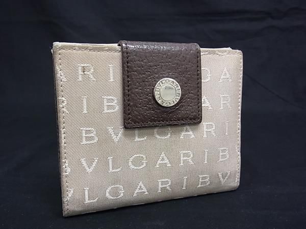 ブルガリ ロゴマニア キャンバス レザー 二つ折り財布 ベージュ