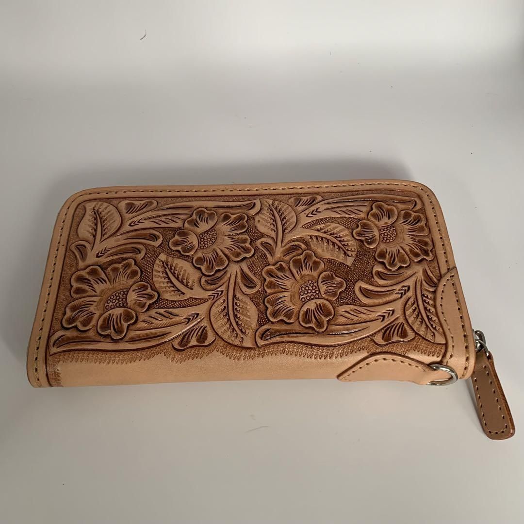 タイ直輸入カーヴィングウォレット牛革レザーラウンドジッパー長