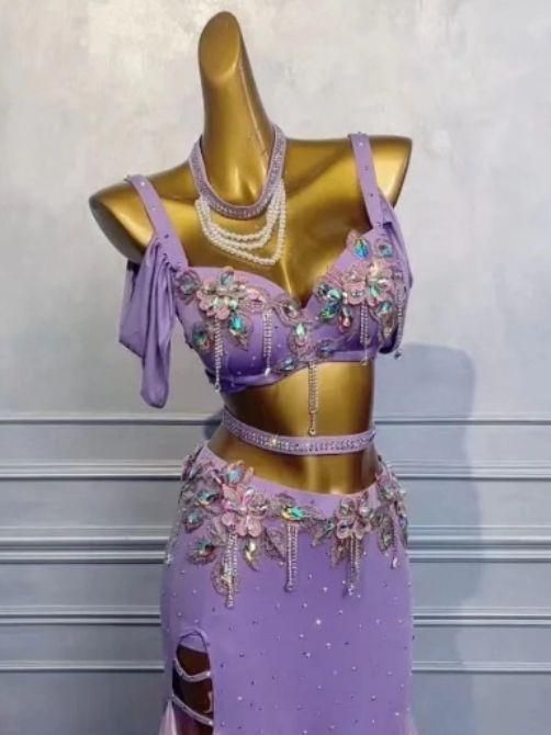 ベリーダンス衣装 ブラベルトスカートセット ピンク/パープル　 オーダーメイド ベリーダンス衣装 ブラベルトスカートセット ピンク/パープル