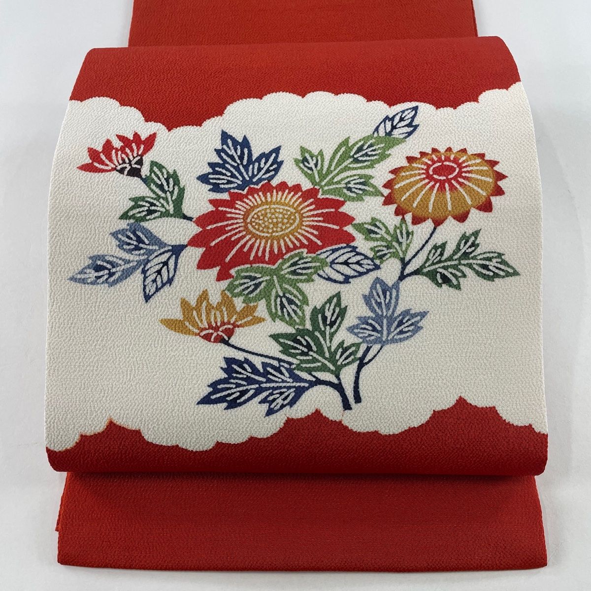 開き名古屋帯 秀品 菊 縮緬 クリーム 正絹