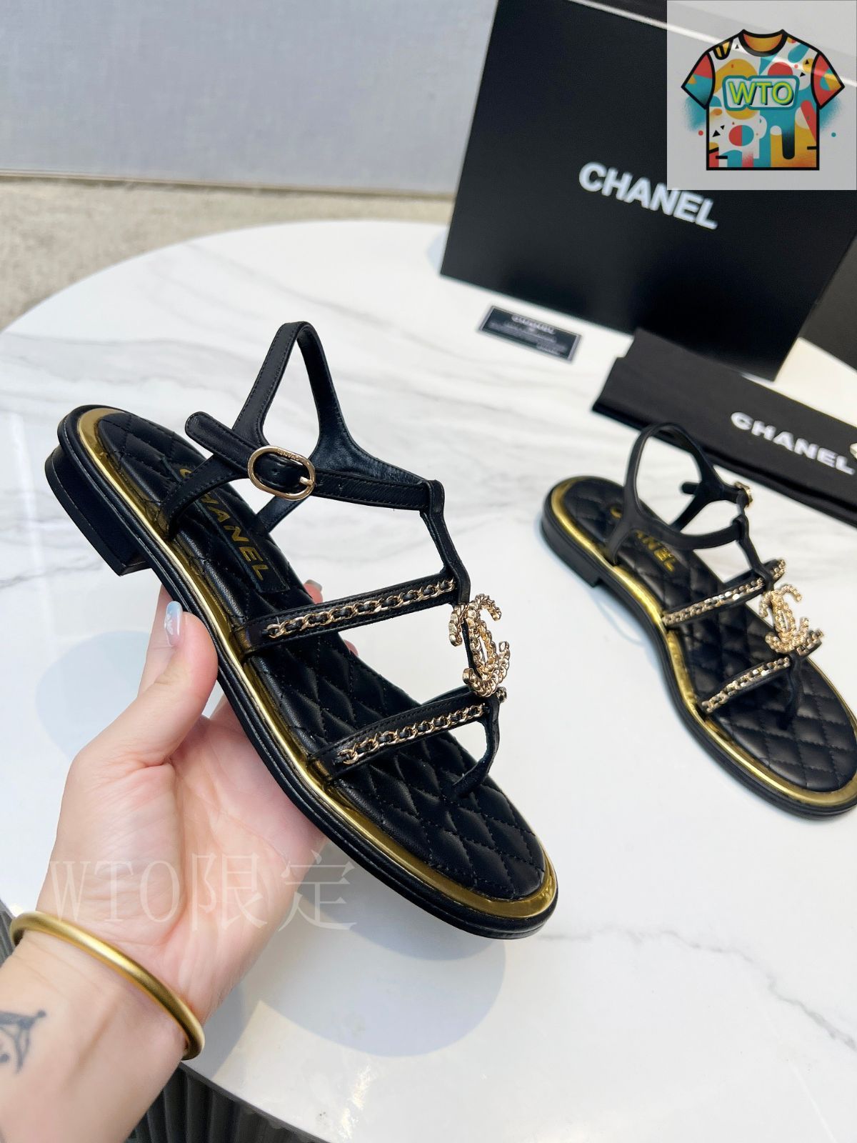 CHANEL アンクルストラップサンダル02-2 黒 サンダル レディース