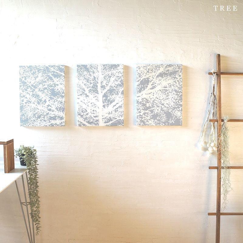 ファブリックパネル アートパネル アリス 3枚セット アートモダン 40×30cm TREE ブルーグレー 木 幹 縦長