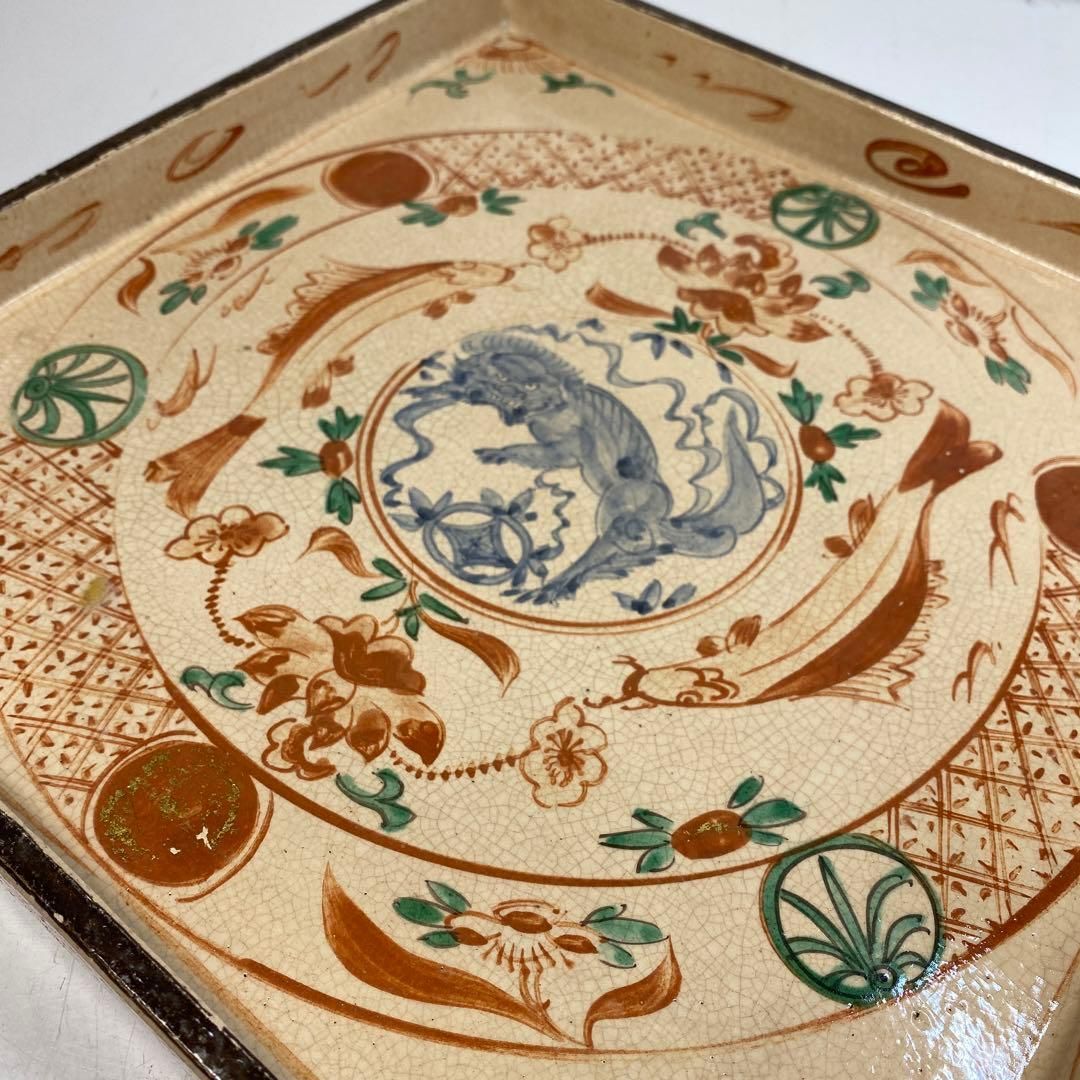 時代　楽焼　赤松　獅子図　四方皿　時代木箱付　タエコ　東さ6-0418① 時代 楽焼 赤松 獅子図 四方皿 時代木箱付 タエコ 東さ6-0418①